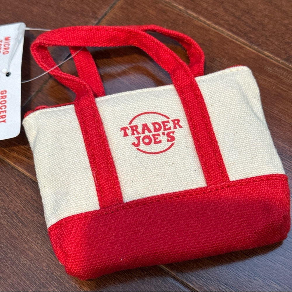 Trader Joe's Red micro Tote Bag with reusable bag holiday collection gift - Picture 3 of 7
